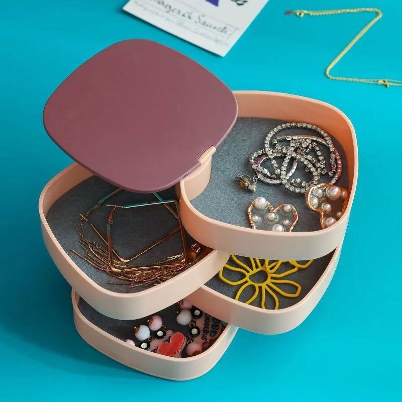 Plastic Jewelry Box 4 Layer Storage with Mirror Rotating Jewelry Box Cosmetics Tray Organizer for Necklace Bracelet Ring
