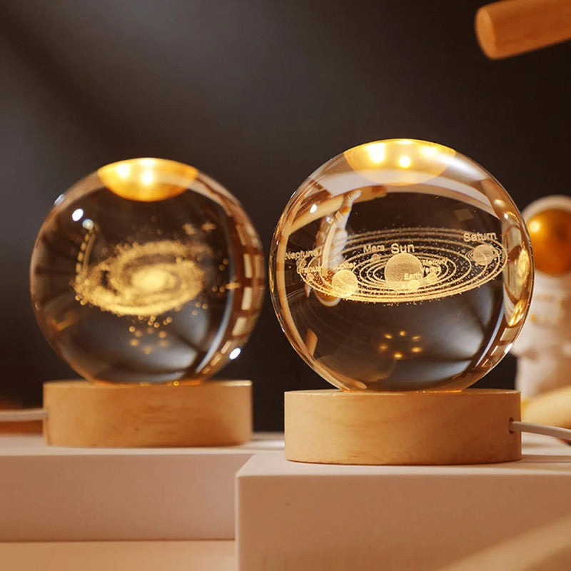 3D Galaxy Crystal Ball Night Light With Wooden Base