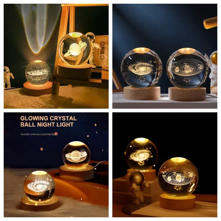 3D Galaxy Crystal Ball Night Light With Wooden Base