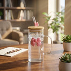 Aesthetic Bow Glass Mug – Square Cup With Wooden Lid