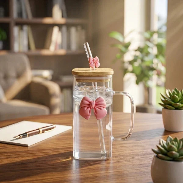 Aesthetic Bow Glass Mug – Square Cup With Wooden Lid