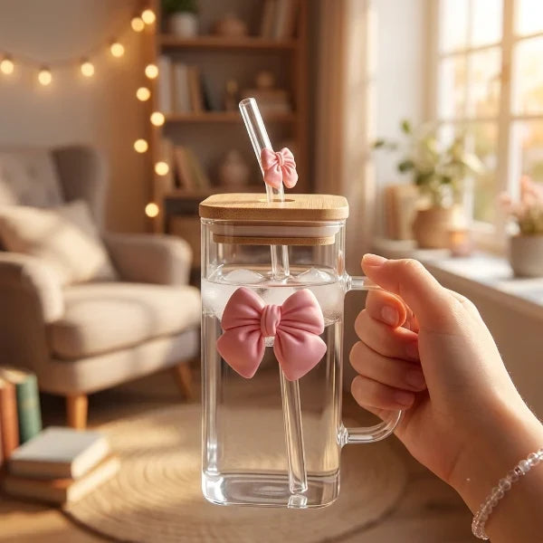 Aesthetic Bow Glass Mug – Square Cup With Wooden Lid