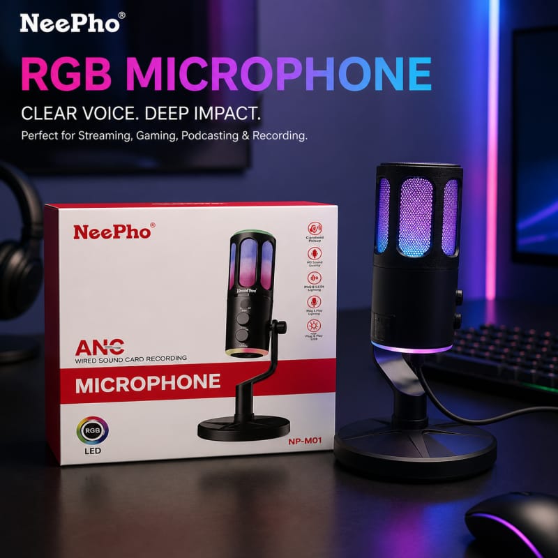 NeePho NP-M01 Microphone NeePho NP-M01 Microphone Stylish condenser mic featuring RGB LED lights, mic gain control, and noise reduction. Great for online classes, gaming, and content creation with simple plug-and-play setup.