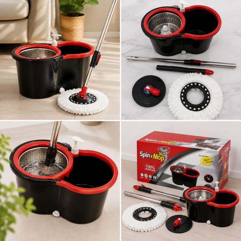 Rotating Spin Mop 360 with Steel Bucket & Wheels - 2 Microfiber Refills Included