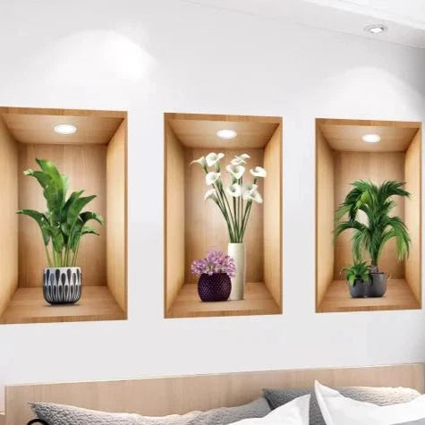 3Pcs Wooden Flower Stickers Natural Wall Decor