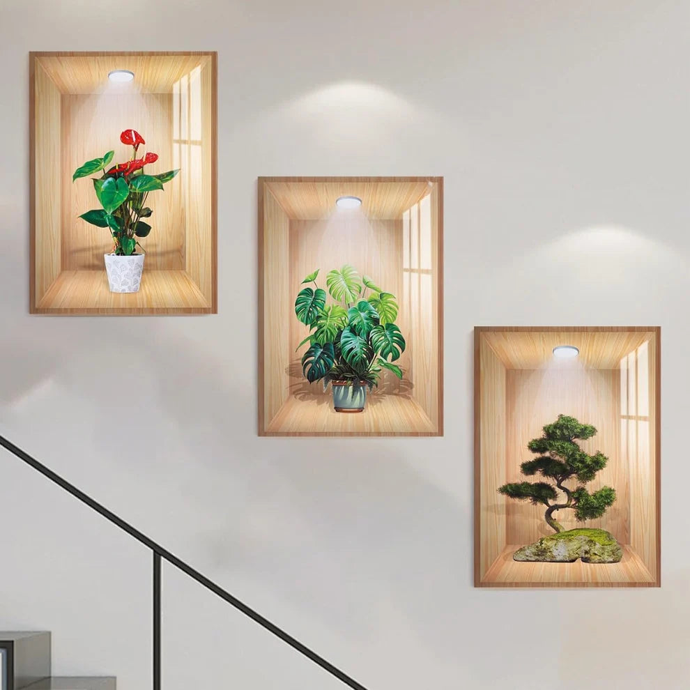 3Pcs Wooden Flower Stickers Natural Wall Decor