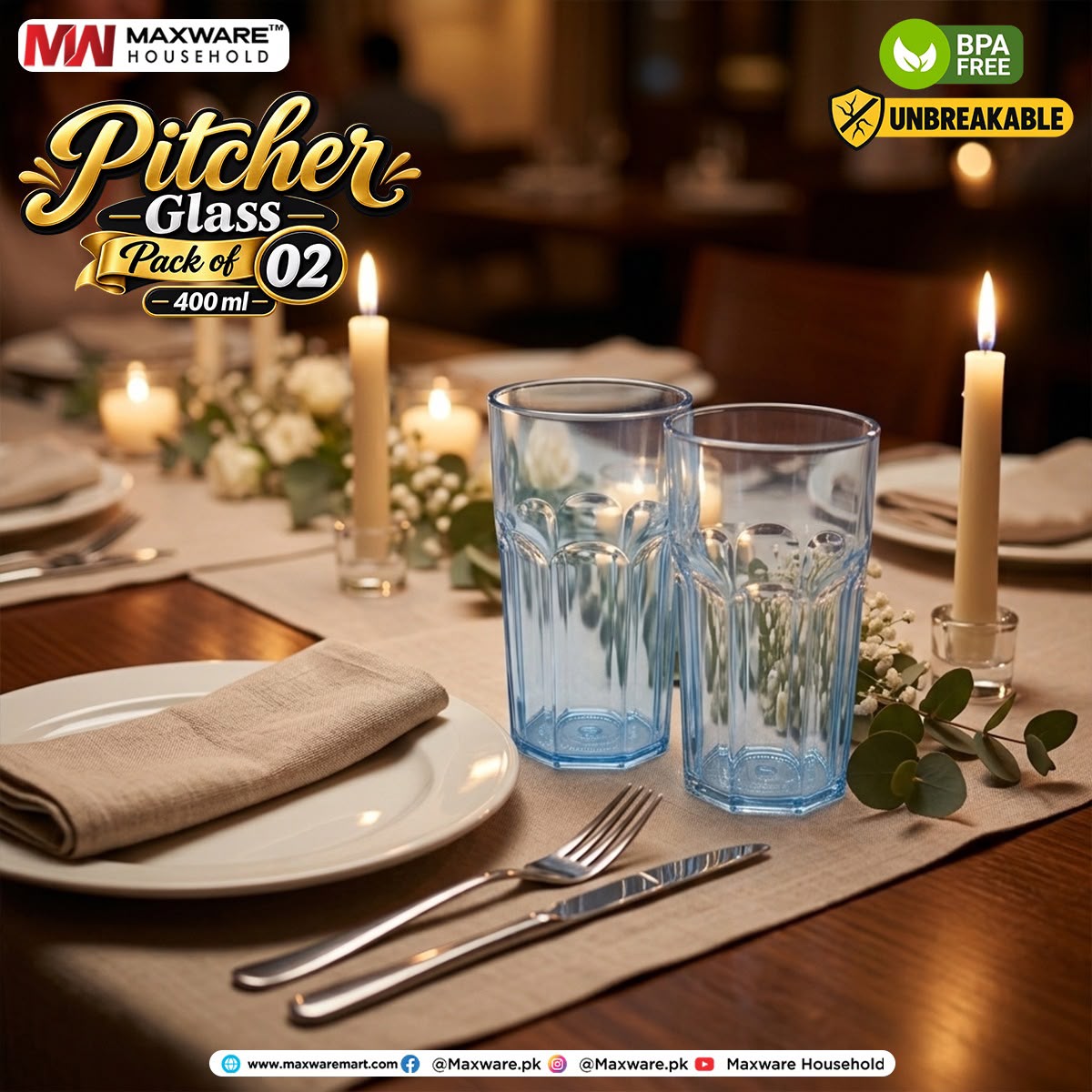 Maxware Crystal Clear 400ml Drinking Glasses – 2 Pcs