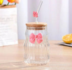 Bow Sipper Glass With Straw & Lid (Random Design & Color)