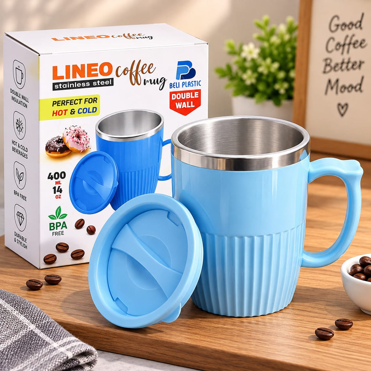 Lineo Stainless Steel Coffee Mug With Cap - 400ML