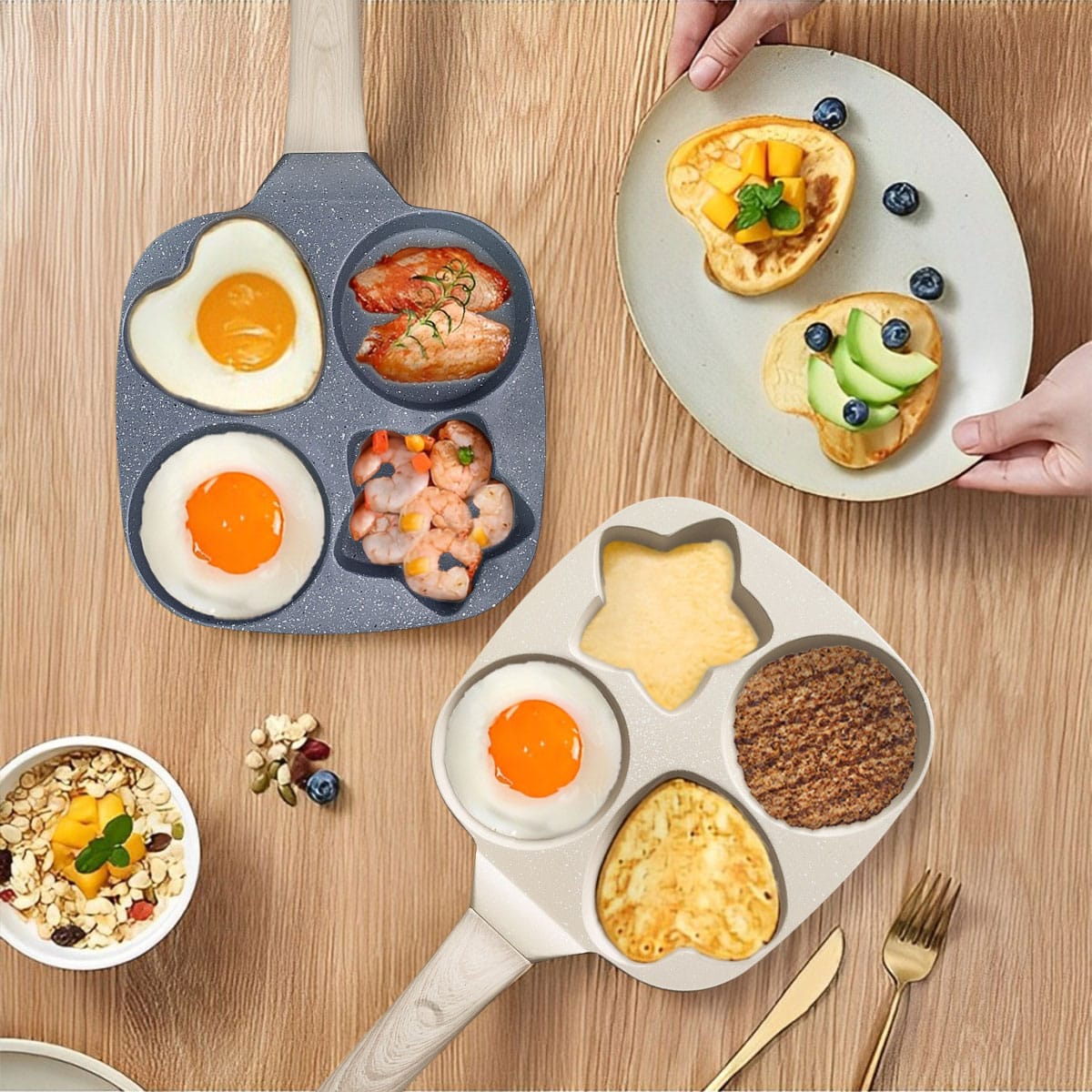 Egg Frying Pan, 1 Set 4 Hole Skillet with Handle, Cooking Accessories, Kitchen Gadgets Cookware for Breakfast Egg Toast