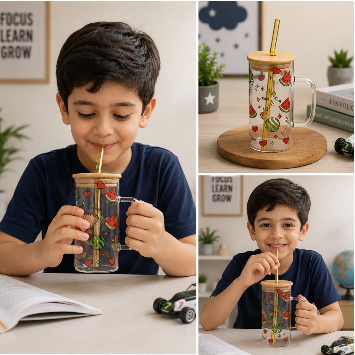 Fruit Design Glass Sipper with Lid & Straw