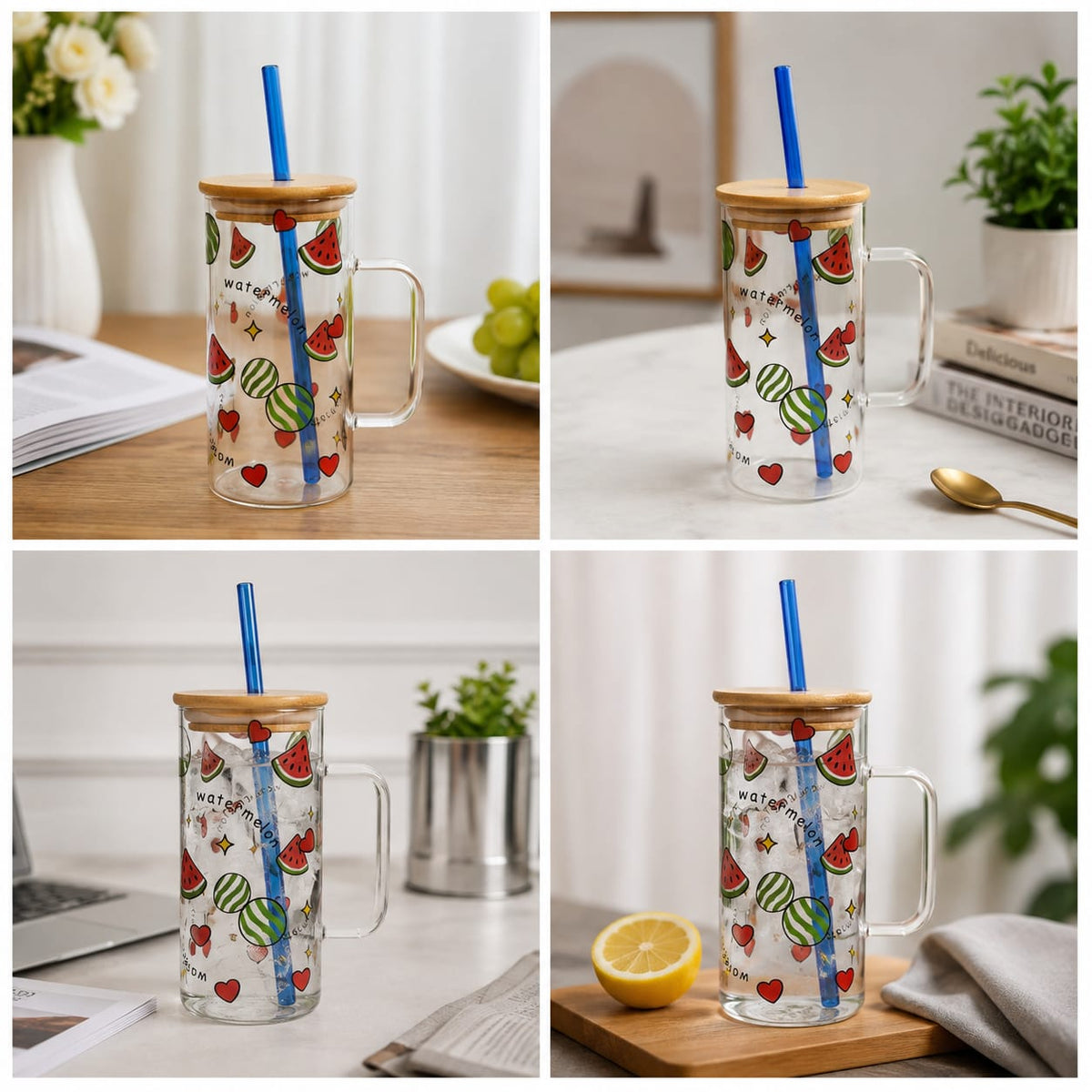 Fruit Design Glass Sipper with Lid & Straw