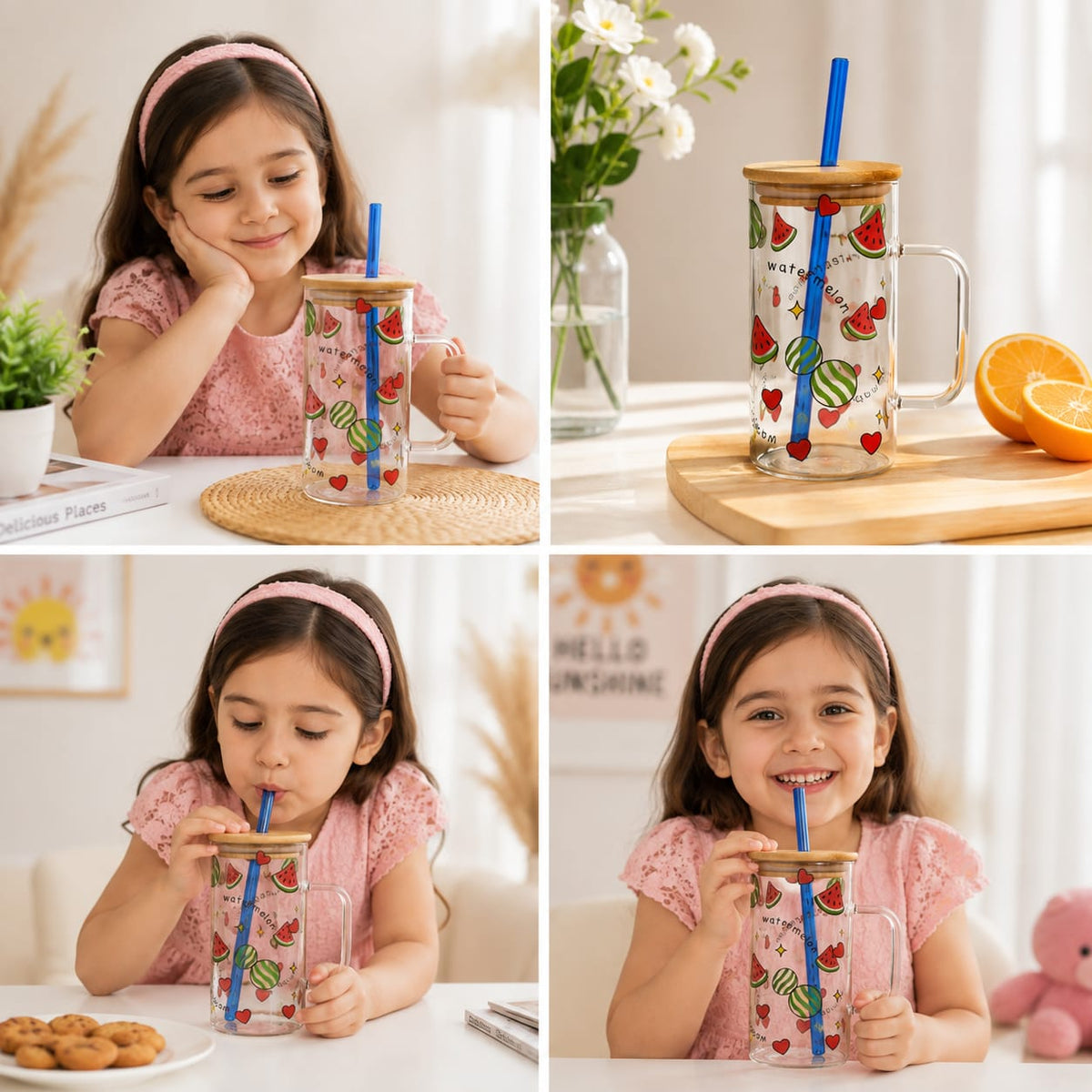 Fruit Design Glass Sipper with Lid & Straw