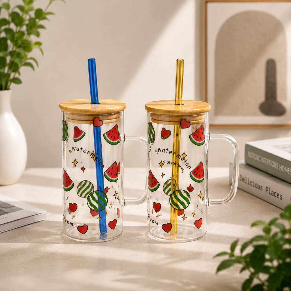 Fruit Design Glass Sipper with Lid & Straw