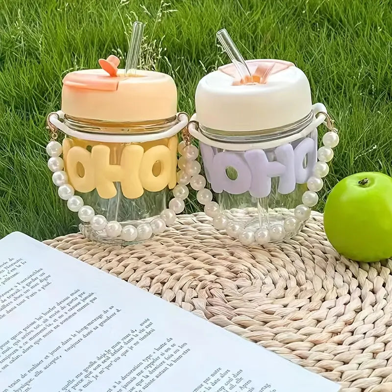 Pearl Finish Glass Tumbler With Lid & Straw