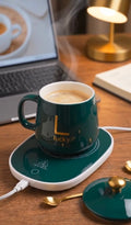 Smart self-heating cup with 55°C constant temperature. Gift box mug with spoon
