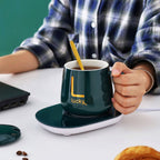 Smart self-heating cup with 55°C constant temperature. Gift box mug with spoon