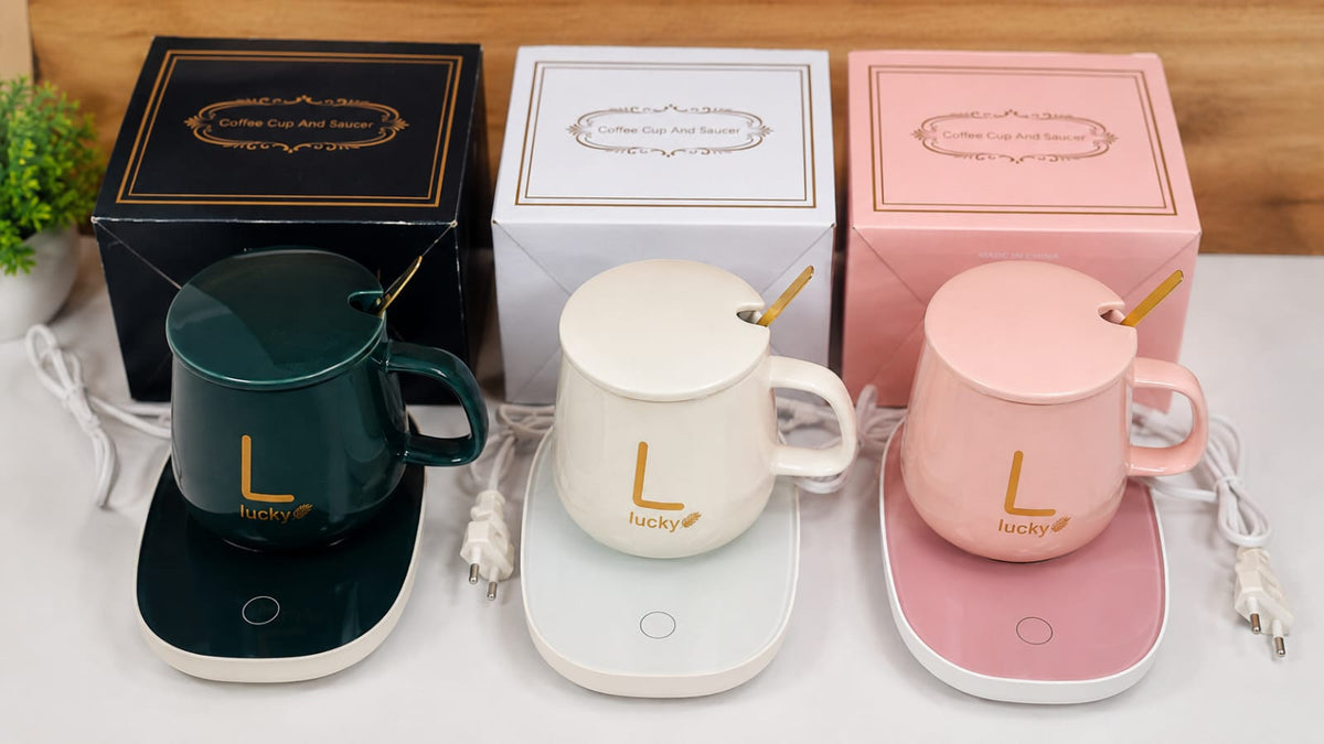 Smart self-heating cup with 55°C constant temperature. Gift box mug with spoon