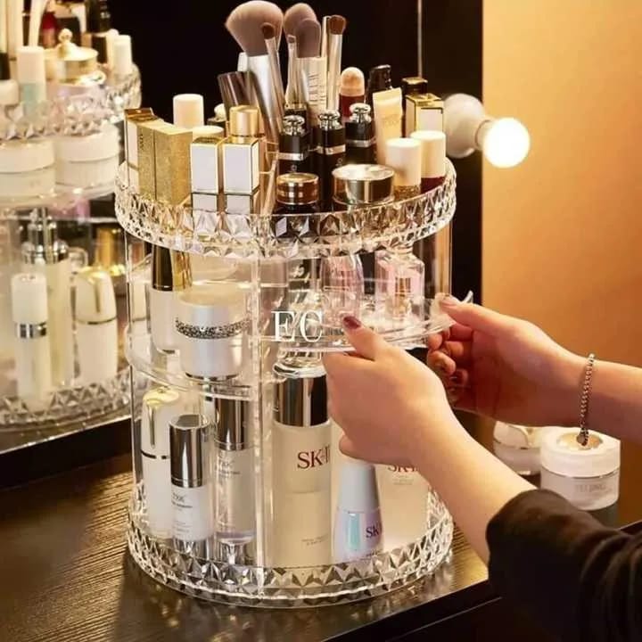 Diamond cut Makeup Organizer 360-Degree Rotating Cosmetic Storage Box with Adjustable & Large Capacity in Diamond Pattern