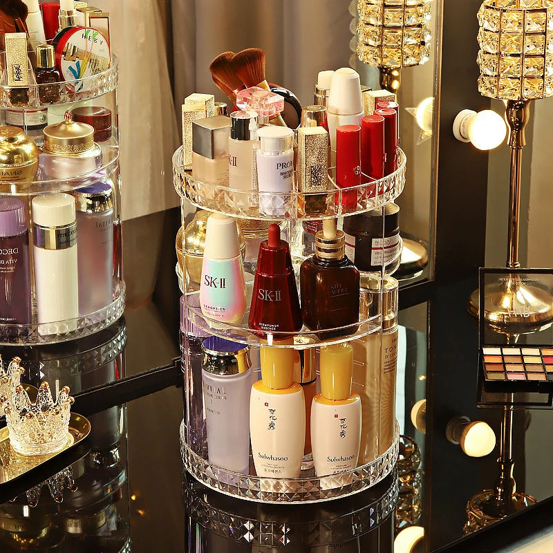 Diamond cut Makeup Organizer 360-Degree Rotating Cosmetic Storage Box with Adjustable & Large Capacity in Diamond Pattern