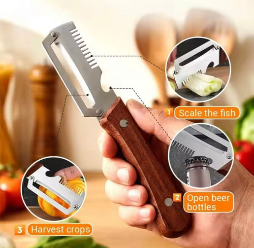 3-in-1 Stainless Steel Vegetable Peeler with Wooden Handle