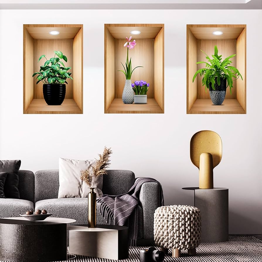 3Pcs Wooden Flower Stickers Natural Wall Decor